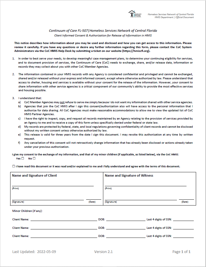 HMIS Release of Information Agreement – HMIS FL-507